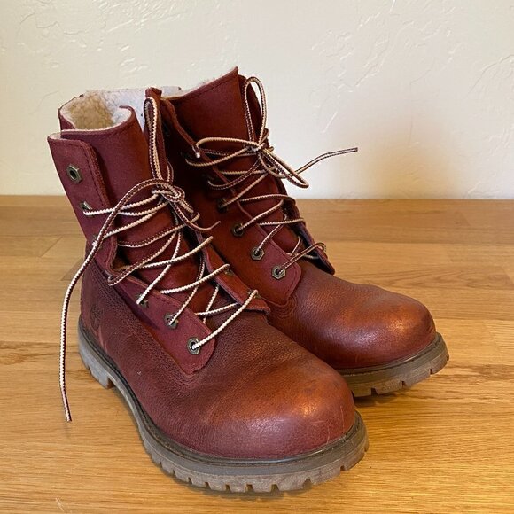 Timberland Teddy Fleece Burgundy Women's Leather Boots - Picture 1 of 12